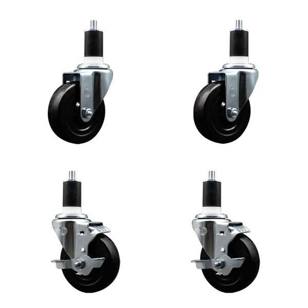 4'' Soft Rubber Wheel Swivel 1-1/2'' Expanding Stem Caster Set 2 Brakes, 4PK